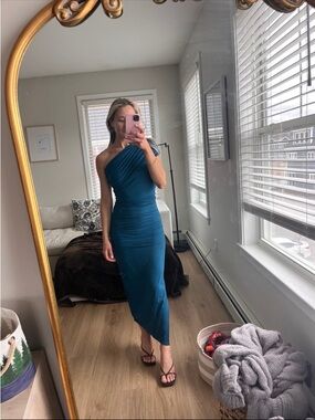 One-Shoulder Teal Ruched Maxi Dress - Women